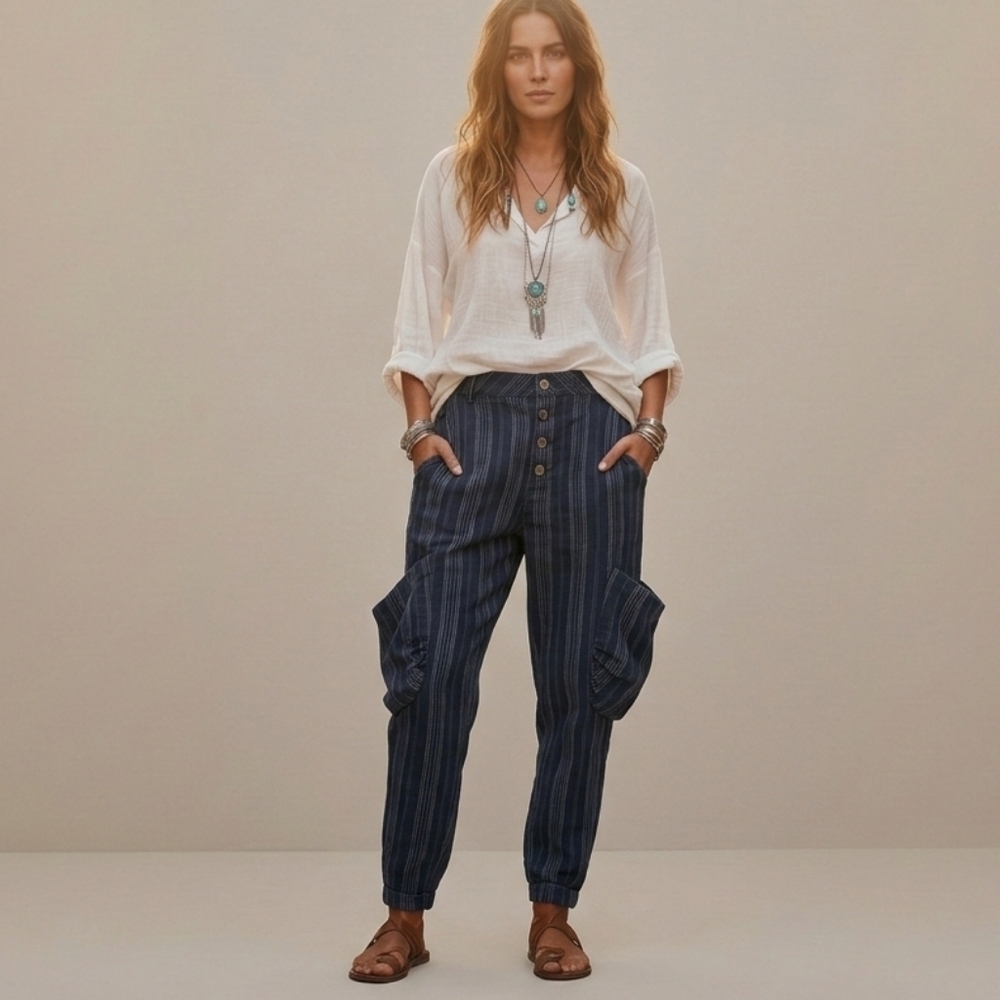 Jaded Gypsy Spiral Cluster Denim Pinstripe Cargo Pants Boho L/XL